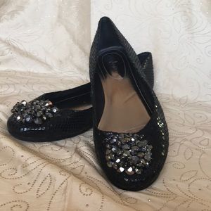 Calvin Klein “Morgan” black metallic faux snake flats with toe embellishment (7)